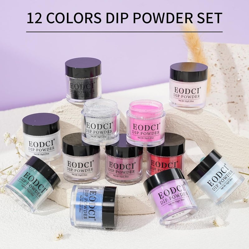 eodci Nail Dip Powder Set, 12 Colors All Seasons Nude Red Blue White Glitter Silver Nail Art Starter Manicure Salon DIY at Home Nail Dipping Powder French No Needed Nail Lamp Cured - Image 3